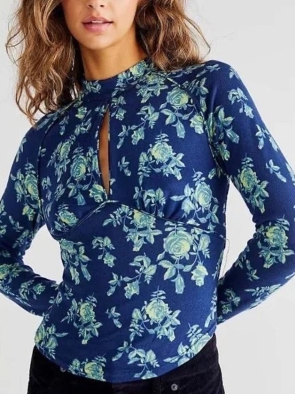 Free People Printed Dinner Party Indigo Combo Blue Flowers Keyhole Mock Neck L